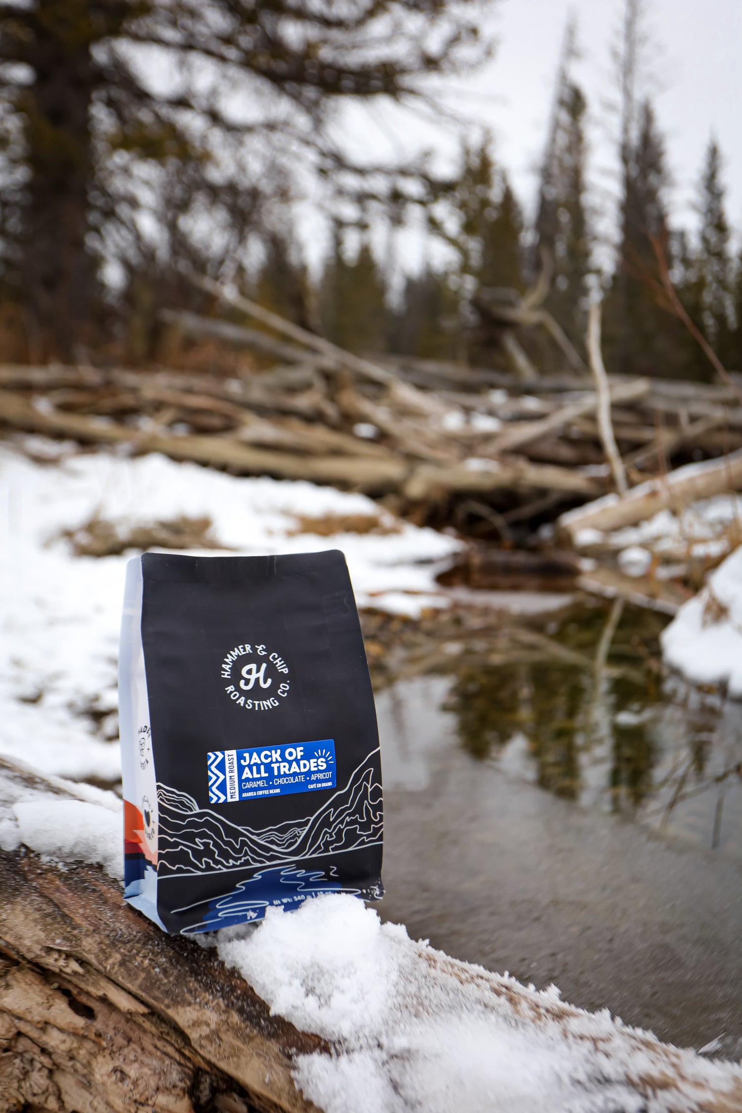 Bag of Hammer & Chip coffee on a log with a snowy forest background